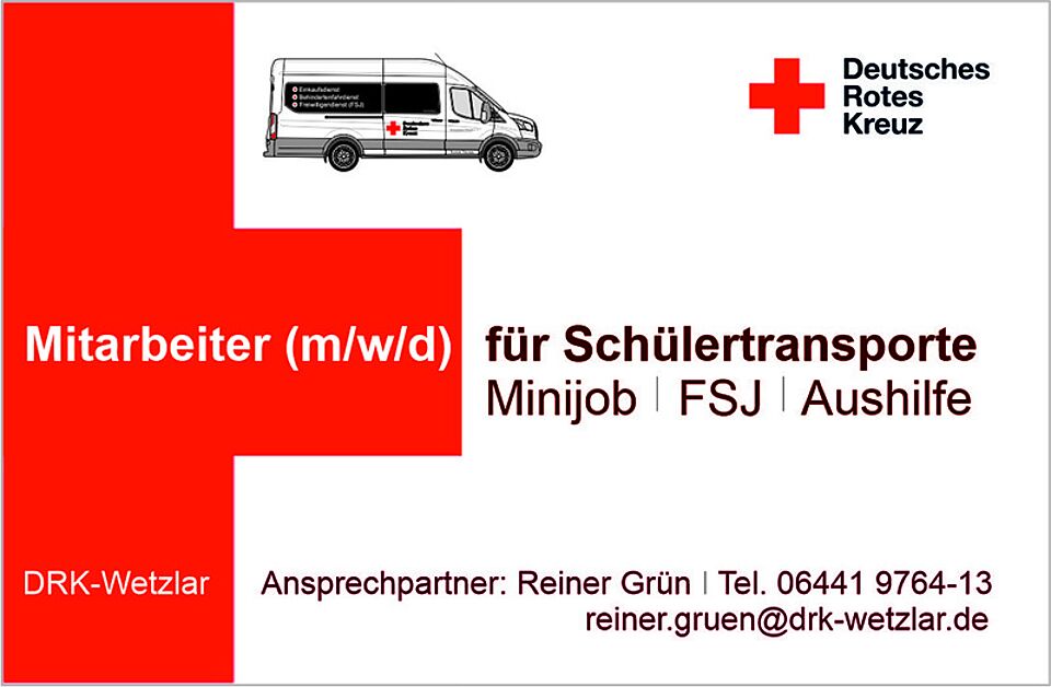 Grafik mit rotem Kreuz und Text zur Stellenanzeige für Mitarbeiter (m/w/d) für Schülertransporte als Minijob, FSJ oder Aushilfe, inklusive Kontaktinformationen und Abbildung eines weißen Transporters mit Deutschem Roten Kreuz-Logo.